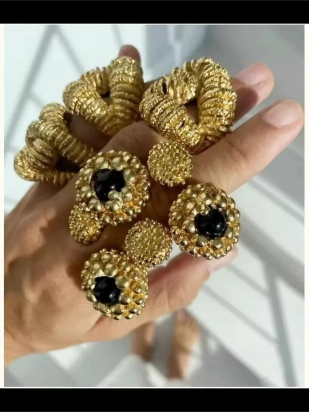 Gold Open Beaded Ring with Black Accent - Women's Jewelry
